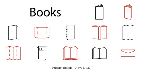 Books set icon. Open book, closed book, notebook, pages, reading, education, literature, library, study, publication, journal, text, cover, story, document, knowledge, writing.