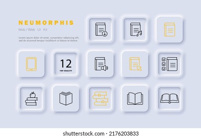 Books set icon. Paper, digital, electronic, audio, arrow, check box, tick, volume, download, listen, note, bookmark. Knowledge concept. Neomorphism. Vector line icon for Business and Advertising.