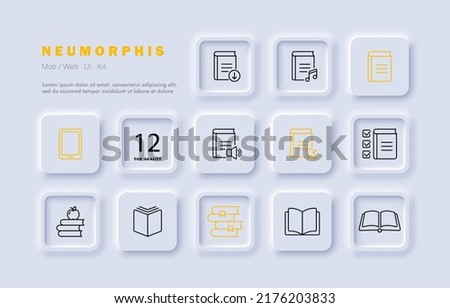 Books set icon. Paper, digital, electronic, audio, arrow, check box, tick, volume, download, listen, note, bookmark. Knowledge concept. Neomorphism. Vector line icon for Business and Advertising.