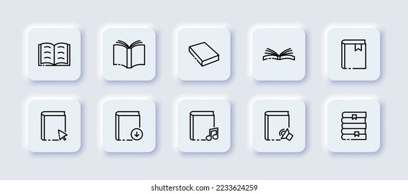 Books set icon. Paper, ebook, magazine, flipping, open, closed, bookmark, cursor, audiobook, upload, note, volume, stack. Knowledge concept. Neomorphism. Vector line icon for Business and Advertising