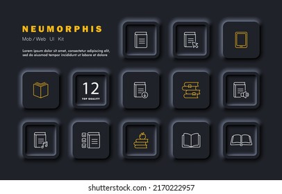 Books set icon. Tick, note, bookmark, reading list, marker, library, , text book, author, ebook, literature, Writer. Author concept. Neomorphism style. Vector line icon for Business and Advertising