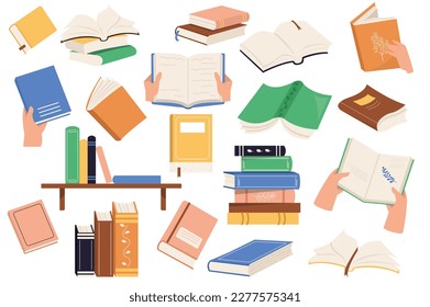 Books set icons concept in the flat cartoon design. Image of different books on bookshelves and in people's hands. Vector illustration.