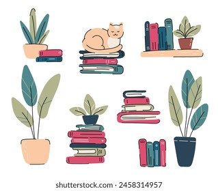 Books set icons in flat cartoon design. Stacks of books for reading, pile of textbooks for education, cat of books. Vector illustration