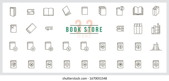 Books - set of icons for web design bookstore. Book genres, bookmarks and interface icons. Desktop and mobile. Editable Stroke. 