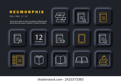 Books set line icon. Tablet, e-reader, audiobook, apple, library, teaching. Neomorphism style. Vector line icon for business and advertising