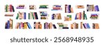 Books set. Novels and education literature for reading. Library, encyclopedia, dictionary rows and stacks, cover spines for knowledge and study. Flat vector illustration isolated on white background