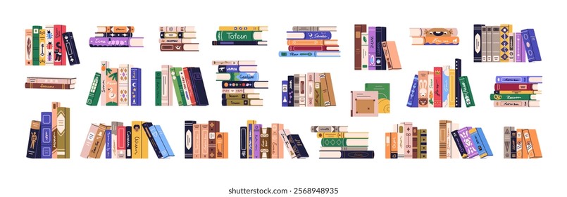 Books set. Novels and education literature for reading. Library, encyclopedia, dictionary rows and stacks, cover spines for knowledge and study. Flat vector illustration isolated on white background