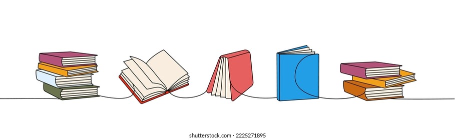 Los libros establecen un dibujo continuo de una línea de color. Librería, biblioteca continua de una línea de ilustración colorida. Ilustración lineal minimalista del vector.