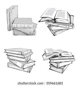 Books set. Opened and closed books,  stacked books and single book isolated on white background.