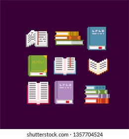 books set. Pixel art. Old school computer graphic. Element design stickers, logo, mobile app, menu. 8 bit video game. Game assets 8-bit sprite. 16-bit.