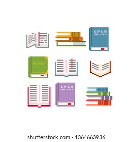 books set. Pixel art. Old school computer graphic. Element design stickers, logo, mobile app, menu. 8 bit video game. Game assets 8-bit sprite. 16-bit.