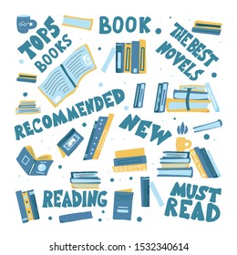 Books set. Reading concept. Collection of literature and text about reading. Vector illustration.