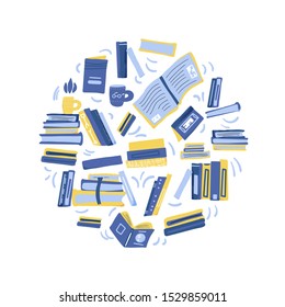 Books set. Reading concept. Round emblem with collection of literature things.