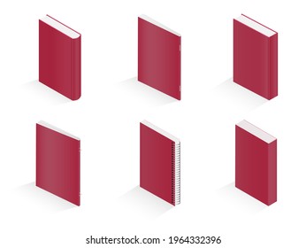 Books. Set of vector isometric illustrations of notebook, notepad, magazine, booklet, brochure, book isolated on white background.