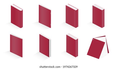 Books. Set of vector isometric illustrations of notebook, notepad, magazine, booklet, brochure, book isolated on white background.
