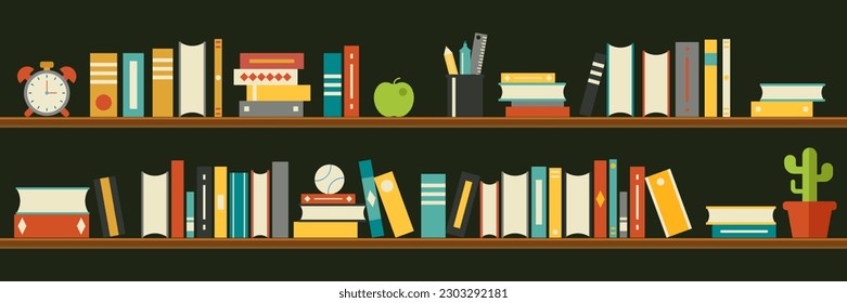 Libros estantes en un diseño plano. Fondo del estante de libros de biblioteca