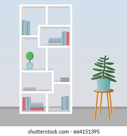 Books shelf with flowers. Flat interior illustration
