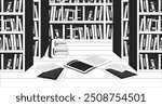 Books shelves library empty black and white line illustration. Rucksack notebooks scattered on floor 2D interior monochrome backdrop. Schoolbag homework papers bookshop bookstore outline vector