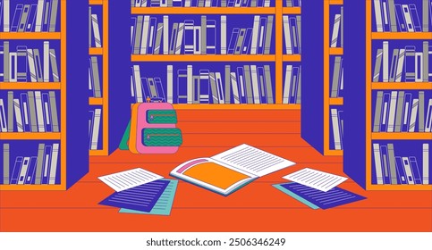 Books shelves library empty cartoon flat illustration. Rucksack notebooks scattered on floor 2D interior colorful background. Schoolbag homework papers bookshop bookstore scene vector image