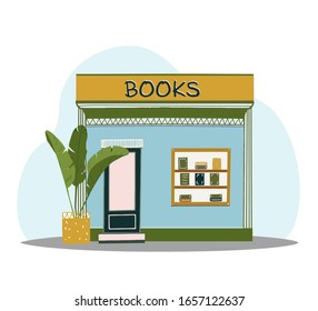 Books shop in doodle style. Exterior of building. 