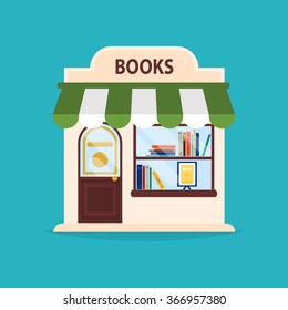 Books shop facade. Vector illustration of books shop building. Ideal for books shop business web publications and graphic design. Flat style vector illustration.