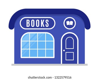 Books shop icon, symbol, store, market. Vector illustration isolated on white background. The facade of the building in flat style. Sign of the house is blue color. Stylish cartoon image