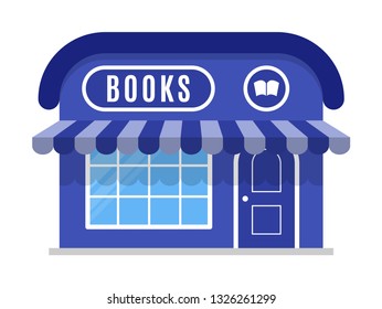 Books shop icon, symbol, store, market. Vector illustration isolated on white background. The facade of the building with awning in flat style. Sign of the house is blue color. Stylish cartoon image
