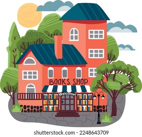 Books shop surrounded by green trees.House with roof, windows and canopy,showcase, signboard, handwritten text, lantern, sun and clouds.Vector clip art isolated on white.Cartoon flat illustration.