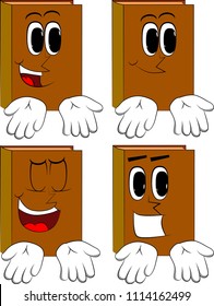 Books showing something with both hands or expressing don't know gesture. Cartoon book collection with happy faces. Expressions vector set.