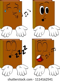 Books showing something with both hands or expressing don't know gesture. Cartoon book collection with various faces. Expressions vector set.