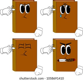 Books shows a you're nuts gesture by twisting his finger around his temple. Cartoon book collection with angry and sad faces. Expressions vector set.