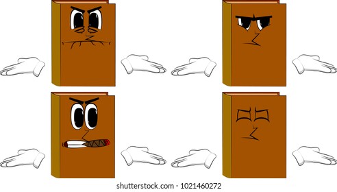 Books shrugs shoulders expressing don't know gesture. Cartoon book collection with angry faces. Expressions vector set.