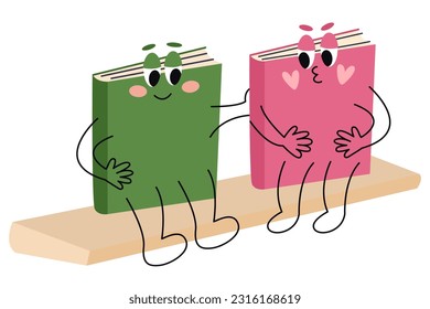 Books are sitting on a shelf and hugging. Vector flat cartoon character illustration icon design.