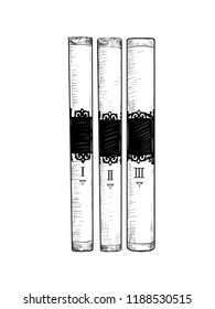Books. Sketch of book backs. Vector drawing in vintage style. Isolated objects on white background.; Clipart.