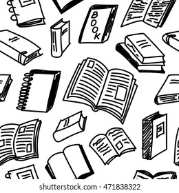 Books sketch seamless monochrome pattern in doodle style, vector illustration