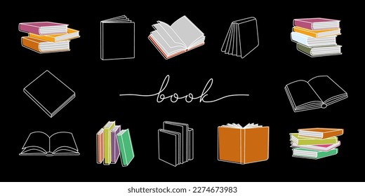 Juego de esbozos de libros. Banner de esquema de libros cerrados y abiertos. Librería, biblioteca, ilustración horizontal de la línea de la tienda de libros. Literatura, diccionarios, planificadores
