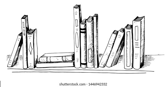 Books. Sketch style illustration different books are on the shelf. Hand drawn vector books isolated on white
