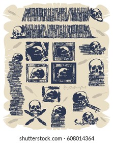 Books, skull and feathers, vector