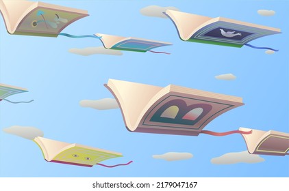 Libros en el cielo. Ilustración vectorial surrealista. idea de concepto arte de la educación, la imaginación y el sueño. Obra de arte conceptual.