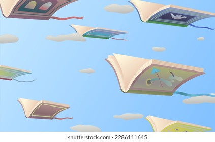 Libros en el cielo. Ilustración vectorial surrealista. idea de concepto arte de la educación, la imaginación y el sueño. Obra de arte conceptual.