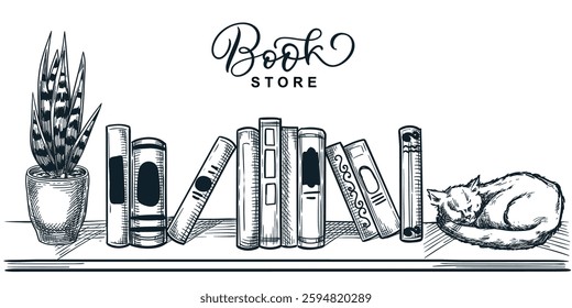 Books, sleeping cat and potted plant on bookshelf. Vector hand drawn sketch illustration. Book festival or fair banner poster template. Library, bookstore design elements