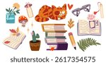 Books and sleeping cat set isolated on white background. Vector cartoon illustration of paper textbooks stack, color bookmarks and plants, pencil and eyeglasses, hygge room elements, reading hobby