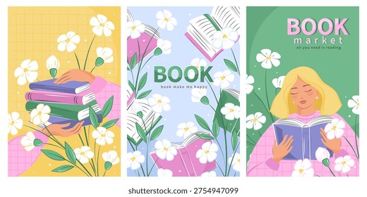 Books with spring decor, bright posters for bookstore, library, sale in bookshop, market.  Woman reading a book. Spring summer floral vector backgrounds. 
