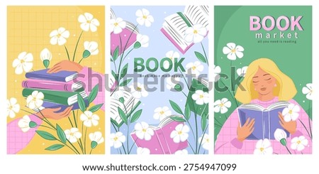 Books with spring decor, bright posters for bookstore, library, sale in bookshop, market.  Woman reading a book. Spring summer floral vector backgrounds. 
