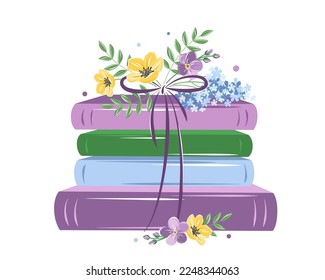 Books with spring flowers on white background.  Design for spring greeting card, bookstore, library.  Vector illustration