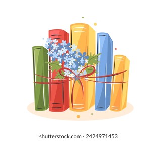 Books with spring flowers on white background.  Design for spring greeting card, bookstore, library.  Vector illustration