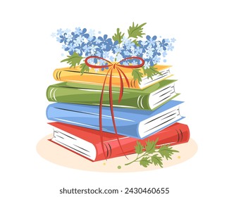 Libros con flores de primavera sobre fondo blanco.  Diseño para la tarjeta de felicitación de primavera, librería, biblioteca.  Ilustración de vector