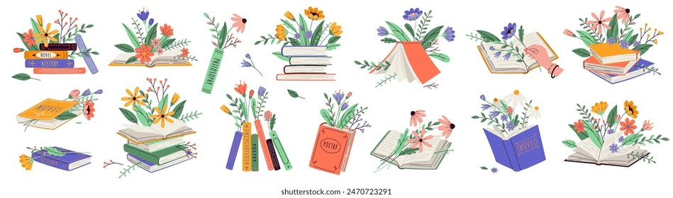 Books with spring and summer flowers 2D cartoon objects set. Literature and blossom isolated line vector elements white background