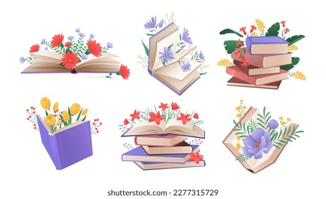 Libros con flores primaverales y veraniegas ponen ilustración vectorial. Pila aislada de dibujos animados y pila de libros y libros de texto con arreglo de ramos de jardín, literatura con decoración floral romántica