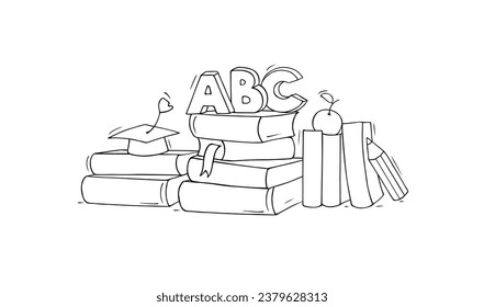 Books stack, ABC letters, apple and graduation cap. Concept of education in university or college, knowledge, study with mortarboard hat and books, vector sketch illustration